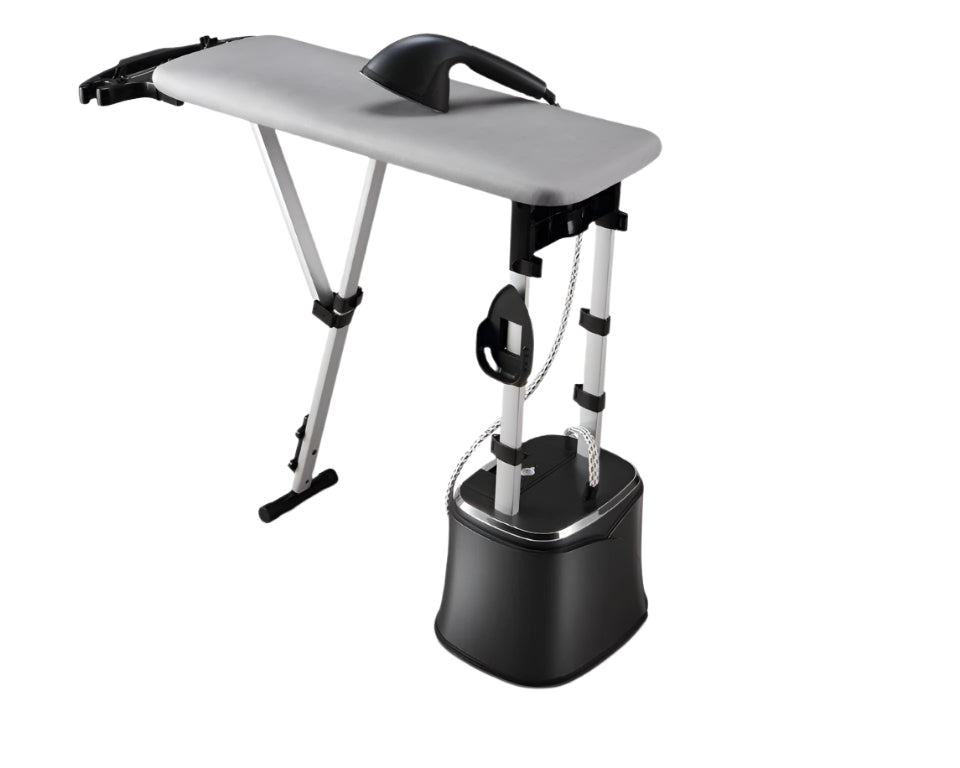Portable ironing board with stand on a white background