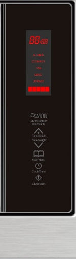 Control panel with digital display and buttons on a black background