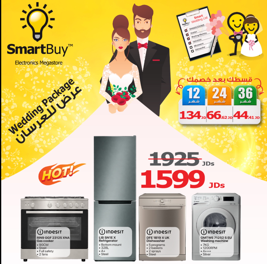 Advertisement for SmartBuy Electronics Megastore with wedding-themed offer and Indesit appliances.