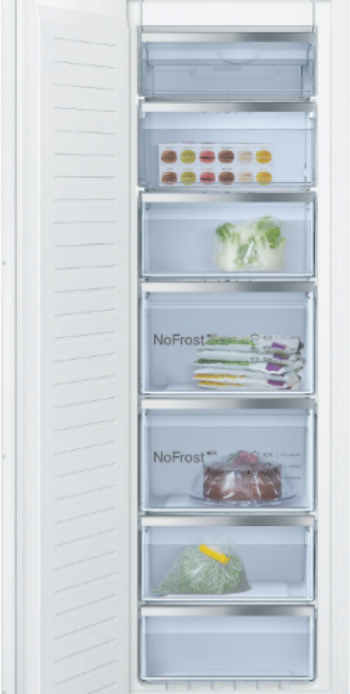 Frost-free refrigerator with various food items on a white background
