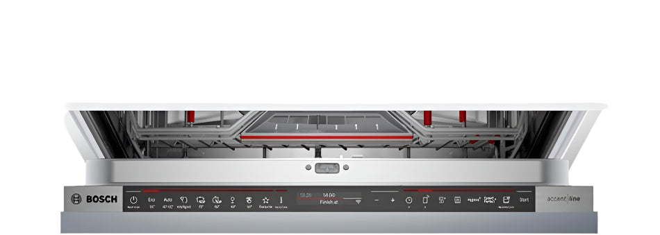 Bosch dishwasher with open door on a white background