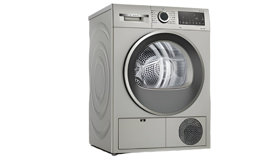 Gray dryer in a laundry room with shelves and baskets.