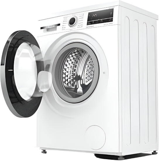 White washing machine with open door showing drum interior.