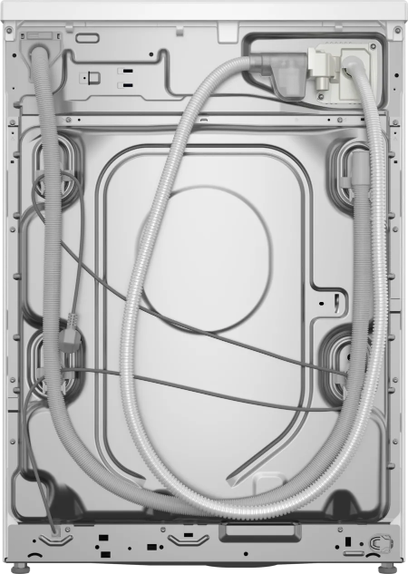 Back view of a washing machine with visible hoses and internal components.