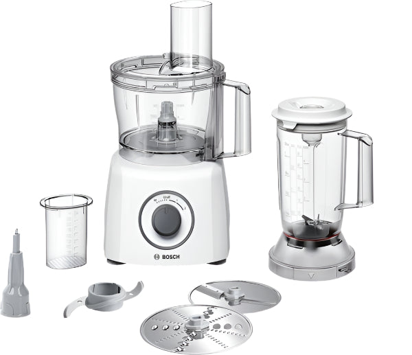 Bosch food processor with attachments on a white background