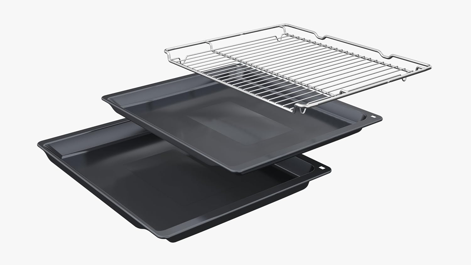 Set of black baking trays with a metal cooling rack on a white background