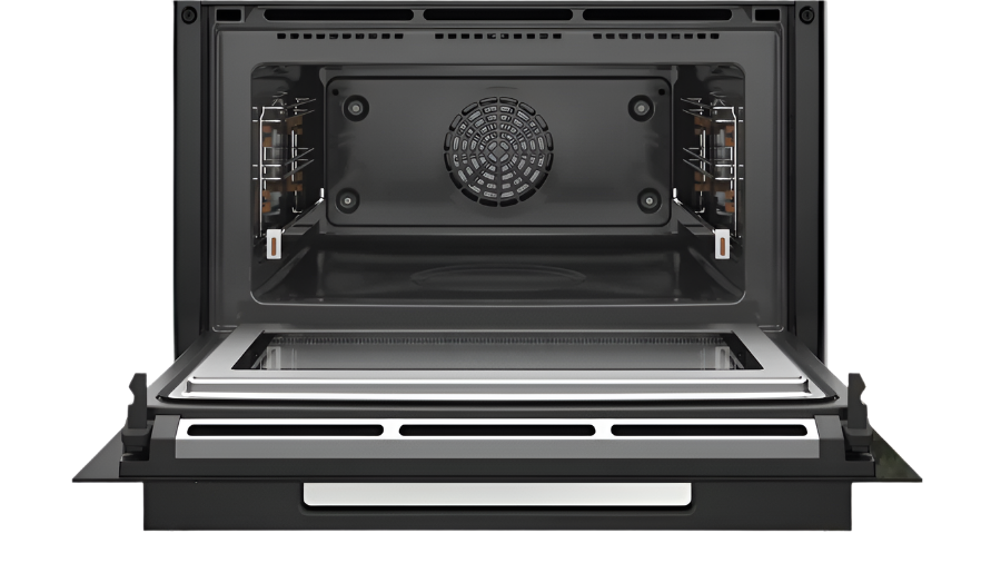Black oven with open door in a kitchen setting