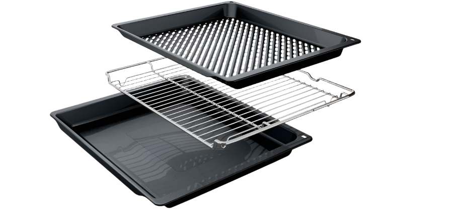 Set of black baking trays with a wire rack on a white background