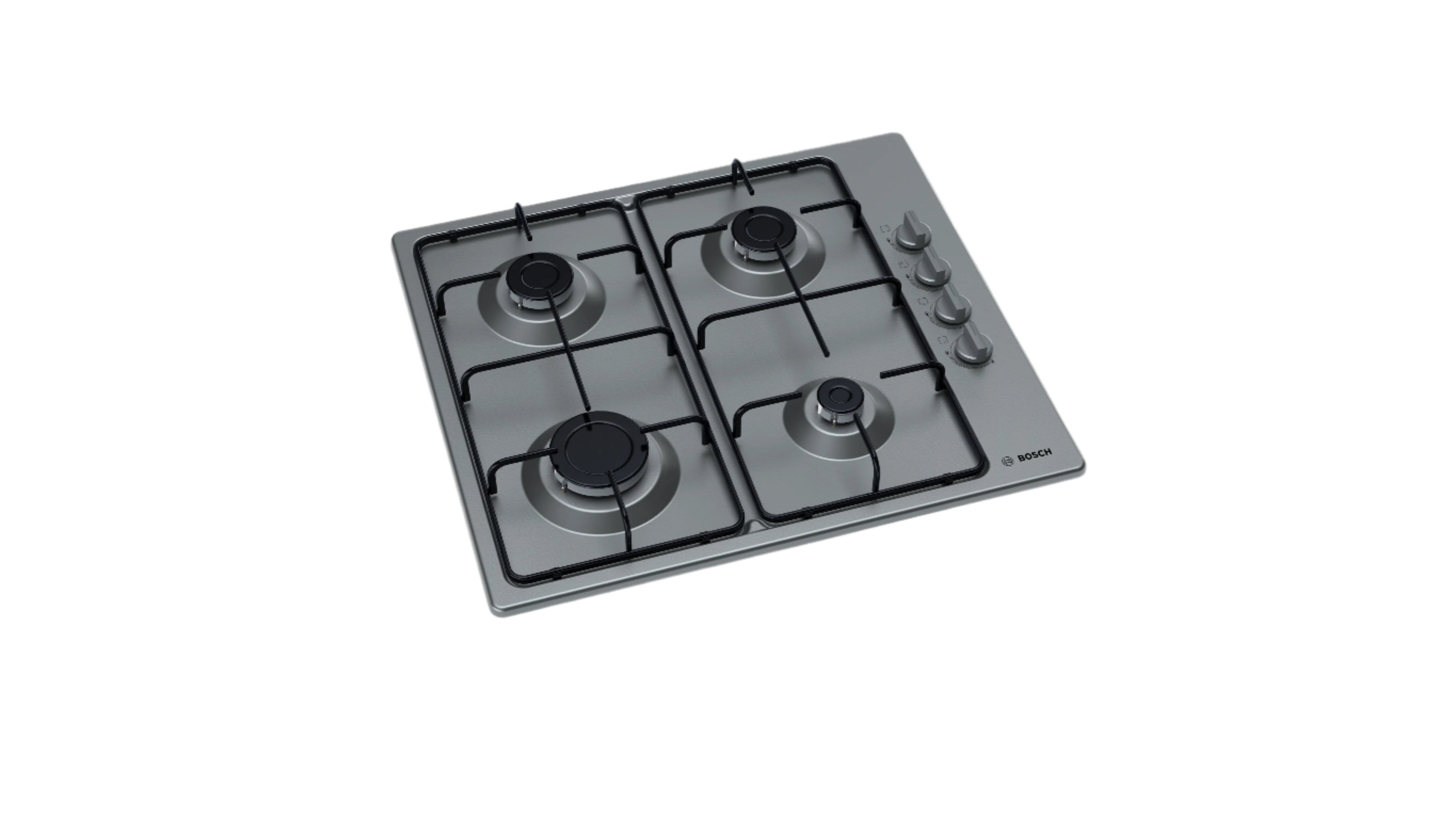 Stainless steel gas hob on a white kitchen counter