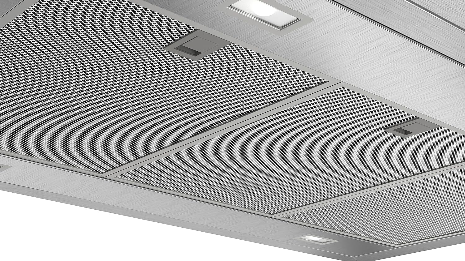 Ceiling with perforated metal panels and recessed lighting