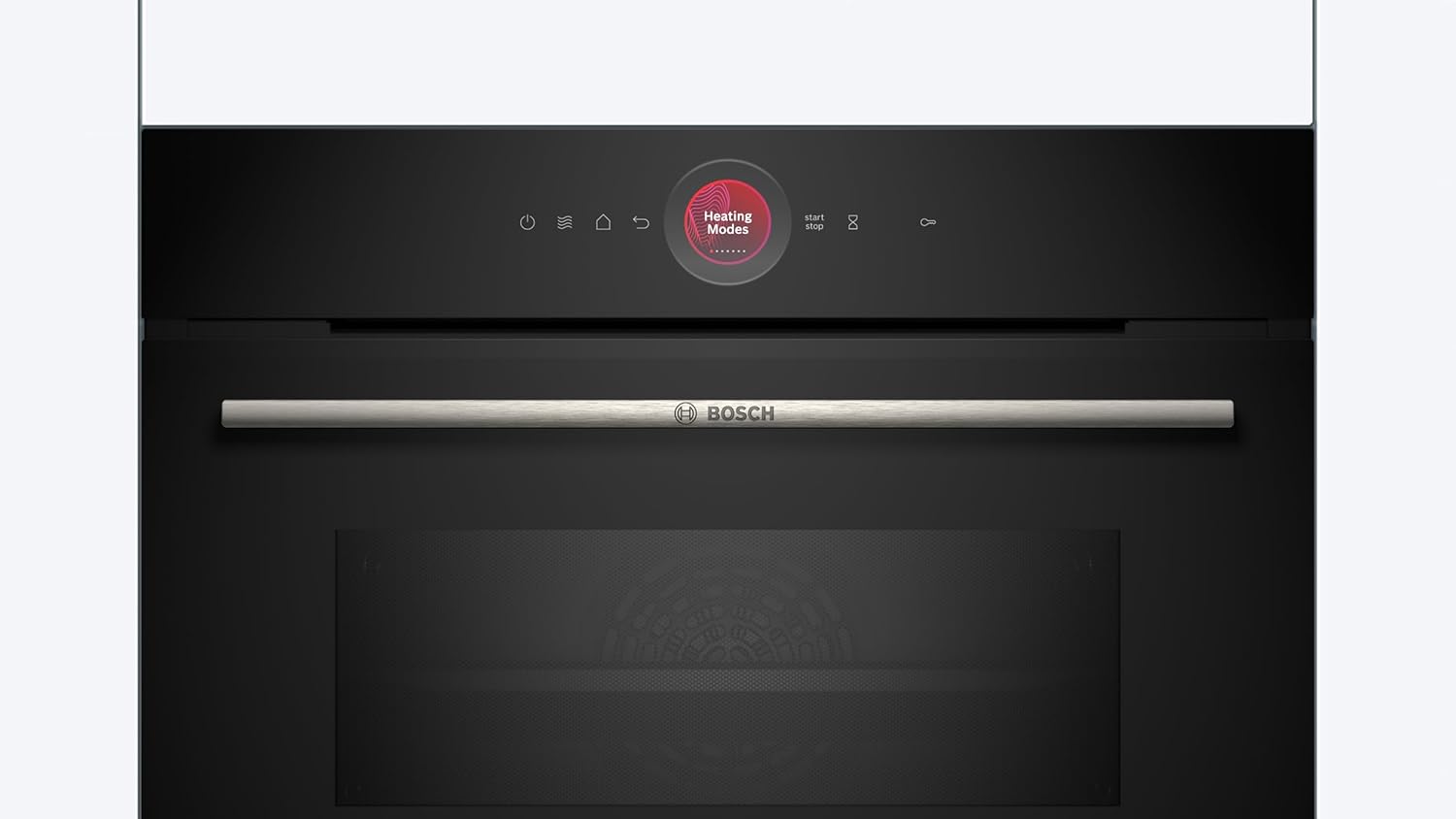 Black Bosch oven with digital display on a white background