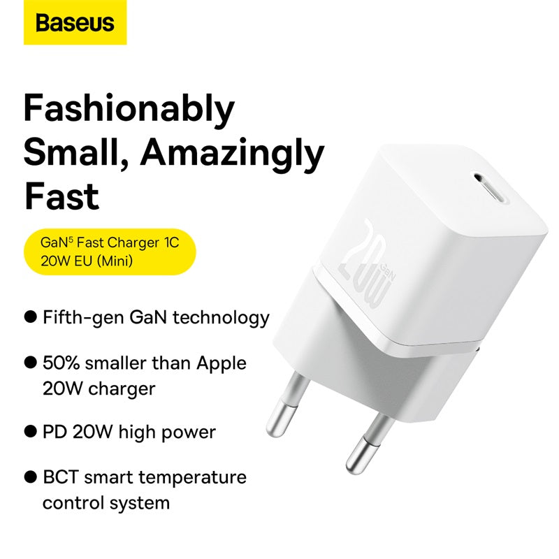 Baseus Gan5 Fast Charger Mini, 1C 20W EU, White Baseus Gan5 Fast Charger Mini, 1C 20W EU, White