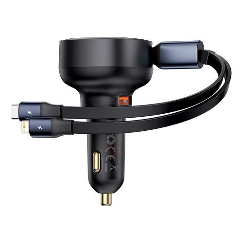 Baseus Enjoyment Pro Car Charger U+ Retractable C & Ip Cable, 60Watts, Cluster Black