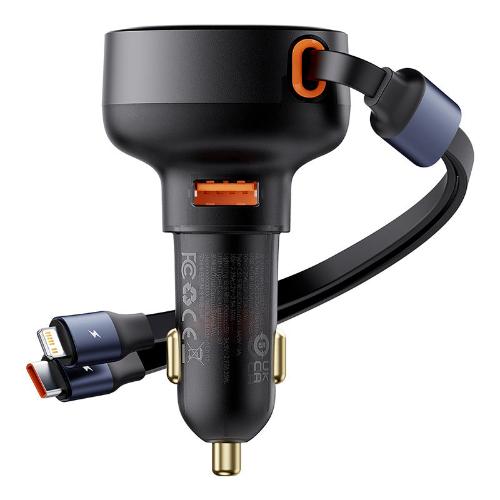 شاحن سيارة Baseus Enjoyment Pro Car Charger U+ مع كابل قابل للسحب C وIp، بقوة 60 واط، باللون الأسود كلاستر