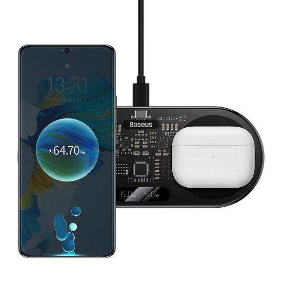 Baseus Digital LED Display 2in1 Wireless Charger, 20Watts, Black Baseus Digital LED Display 2in1 Wireless Charger, 20Watts, Black