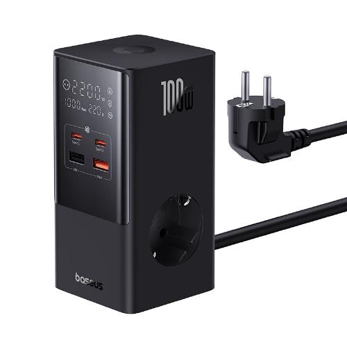 برج طاقة Baseus Power Combo Tower Power Strip 2C، بقوة 100 واط، كابل 1.5 متر، باللون الأسود كلاستر