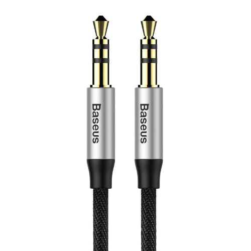 The image shows a close-up of the Baseus Yiven Audio Cable with silver connectors on one end and black braided cable.