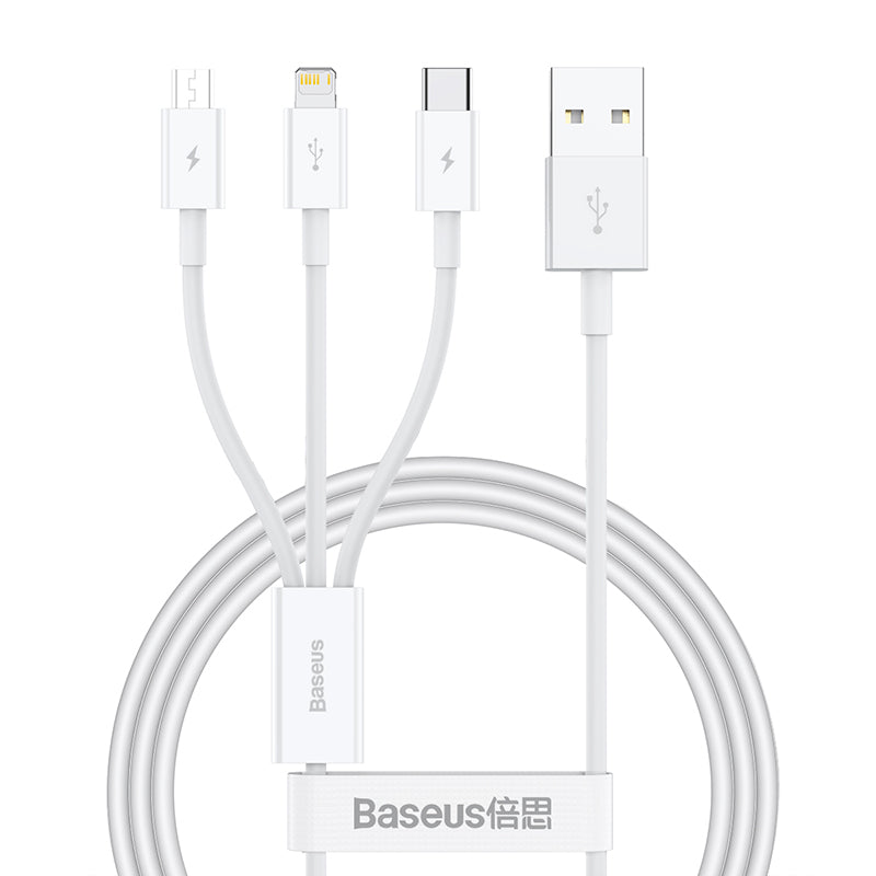 Baseus Fast Charging Data Cable USB to M To L To C, 1Mm, Stellar White