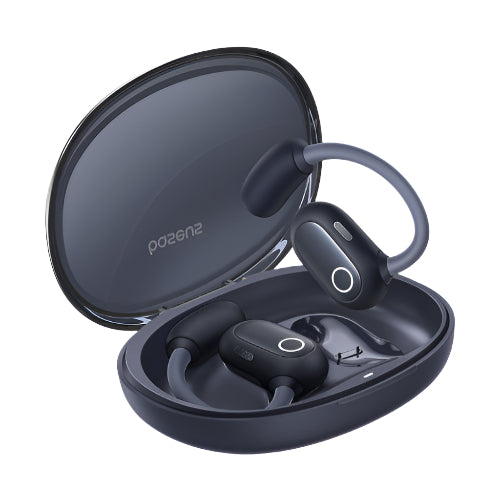 Black wireless earbuds in a charging case on a white background