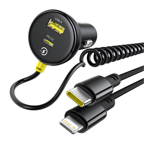 Car charger with USB-A port and coiled cable on a white background
