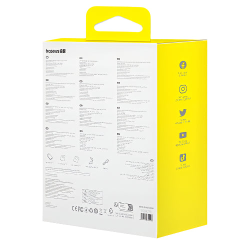 Yellow and white packaging box with text and icons on a white background