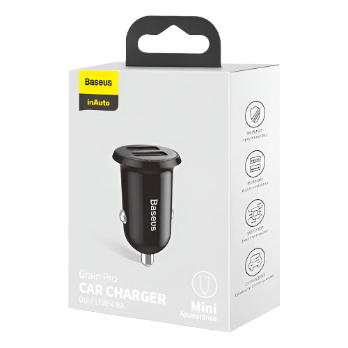 Baseus Grain Pro Car Charger, Dual USB 4.8A, Black Baseus Grain Pro Car Charger, Dual USB 4.8A, Black