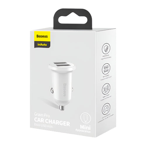 Baseus Grain Pro Car Charger, Dual USB 4.8A, White Baseus Grain Pro Car Charger, Dual USB 4.8A, White
