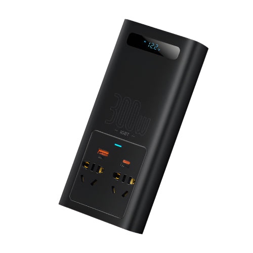 Black power adapter with multiple outlets and indicator lights on a white background