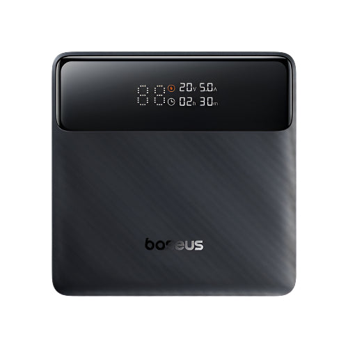 Black electronic device with digital display on a white background