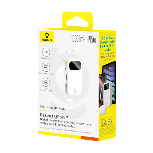 Baseus Energy Fill FC31 Digital Display Power Bank, 2Built in USB-C Cables, 10000Mah, Moon White Baseus Energy Fill FC31 Digital Display Power Bank, 2Built in USB-C Cables, 10000Mah, Moon White