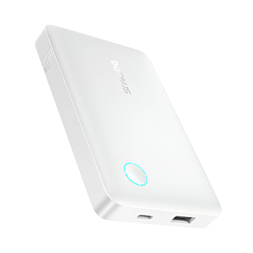 White power bank with a brand logo on a white background