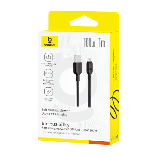 Baseus USB charging cable packaging with yellow and white design