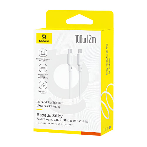 Baseus USB-C to USB-C charging cable packaging with yellow and white design