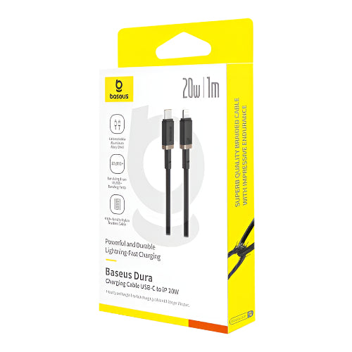 Baseus USB-C to IP20W charging cable packaging with yellow and white design.