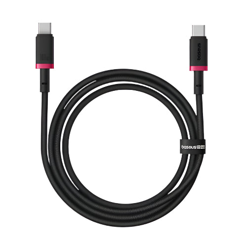 Black USB-C cable with pink accents on a white background