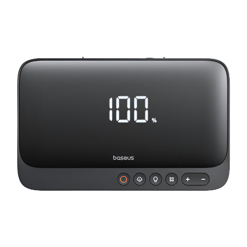 Black power bank with digital display showing 100% and Baseus branding on a white background