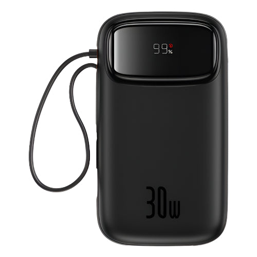 Black power bank with digital display on a white background