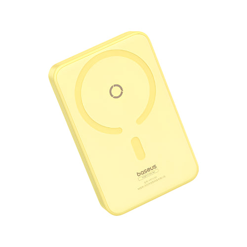 Yellow wireless charging pad with 'bosesus' branding on a white background