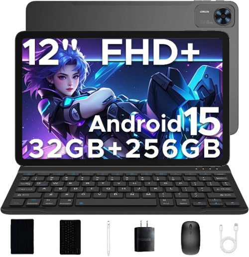 Tablet with keyboard and accessories on a white background