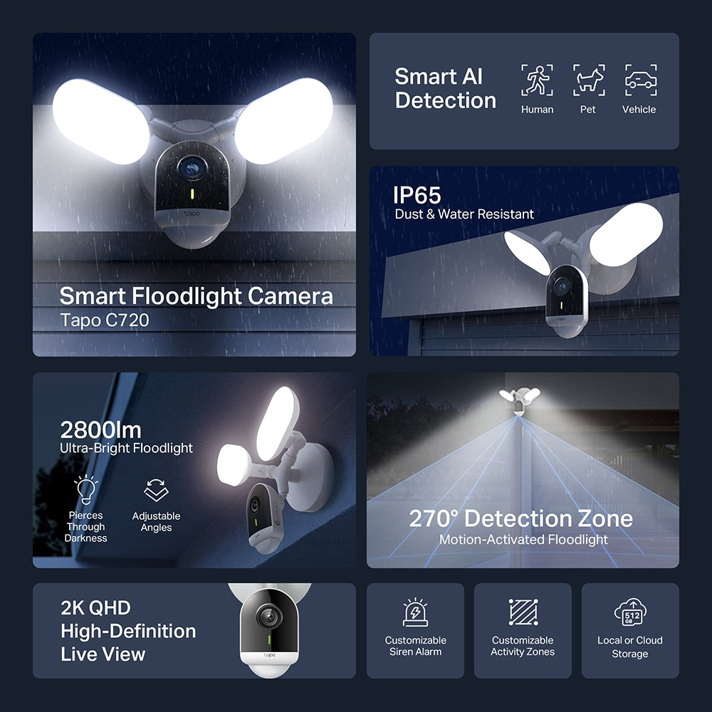 كاميرا Tp-Link Tapo C720 الذكية ذات الإضاءة الكاشفة، 2800 لومن، إضاءة فائقة 2K، بيضاء