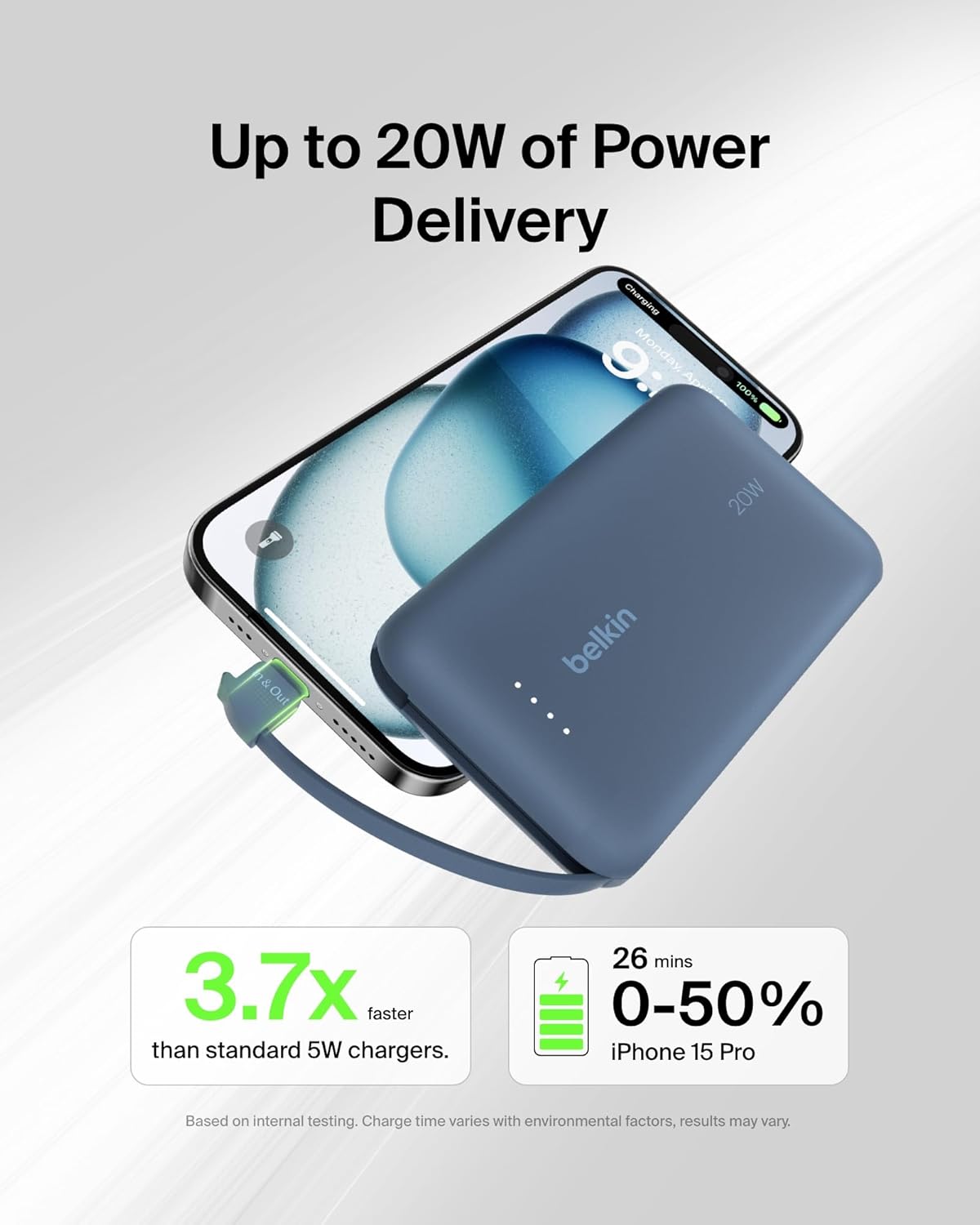 Belkin Boost Charge Power Bank 10000Mah, PD 20Watts, USB-C Integrated Cable and USB-C Port, Blue