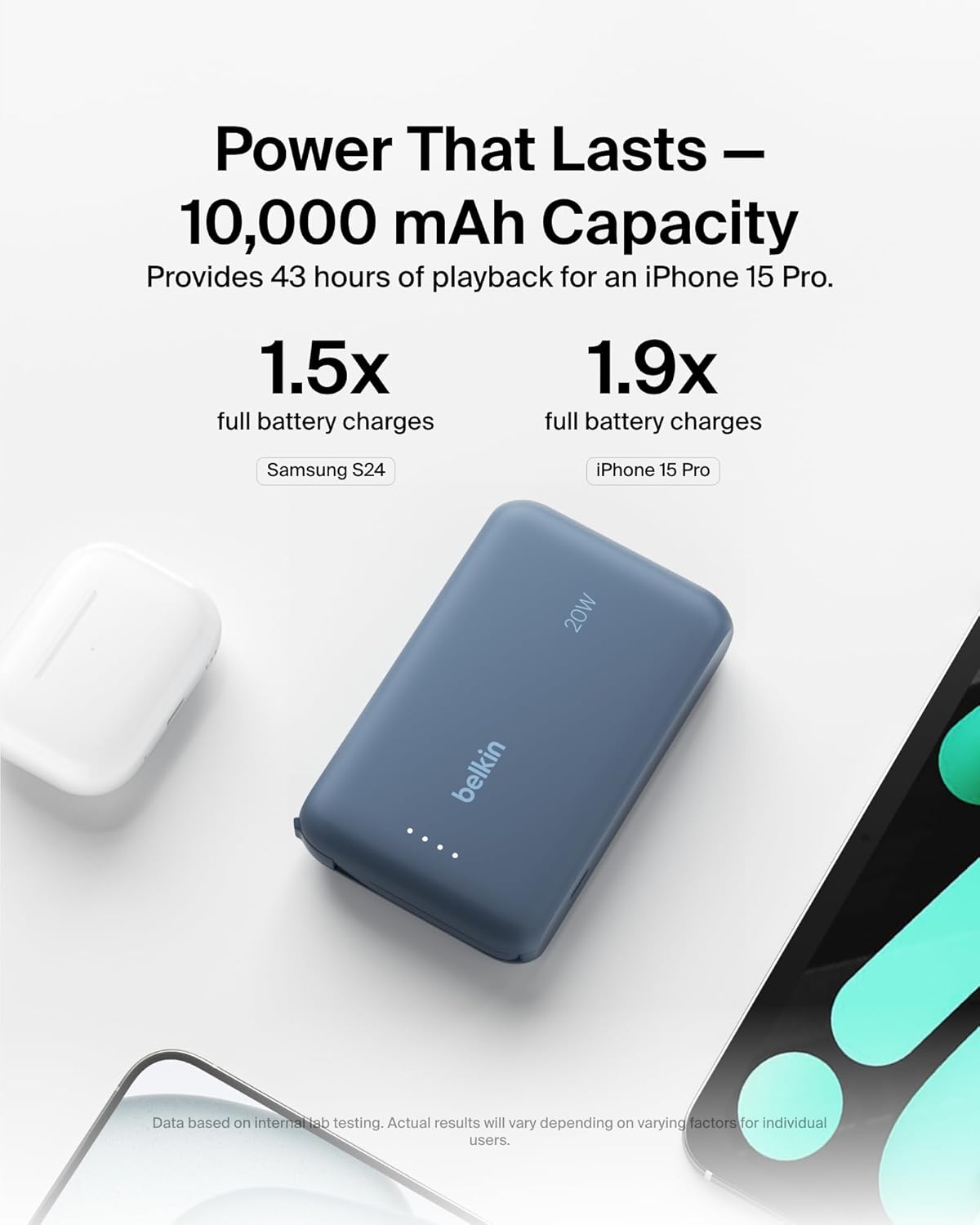 Belkin Boost Charge Power Bank 10000Mah, PD 20Watts, USB-C Integrated Cable and USB-C Port, Blue