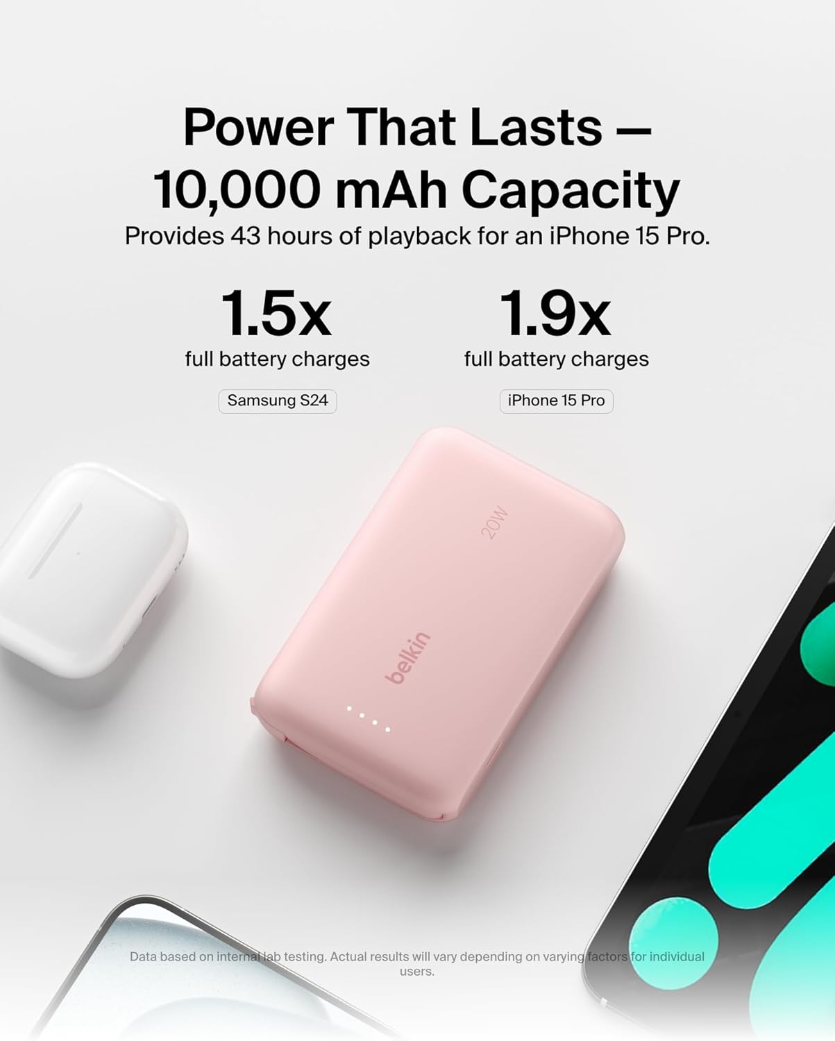 Belkin Boost Charge Power Bank 10000Mah, PD 20Watts, USB-C Integrated Cable and USB-C Port, Pink