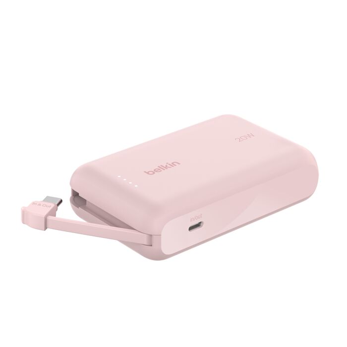 Belkin Boost Charge Power Bank 10000Mah, PD 20Watts, USB-C Integrated Cable and USB-C Port, Pink