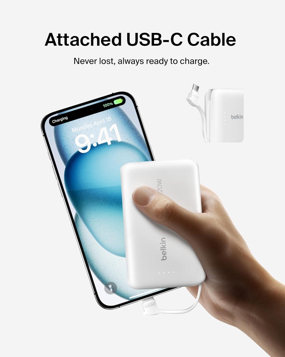 Belkin Boost Charge Power Bank 10000Mah, PD 20Watts, USB-C Integrated Cable and USB-C Port, White