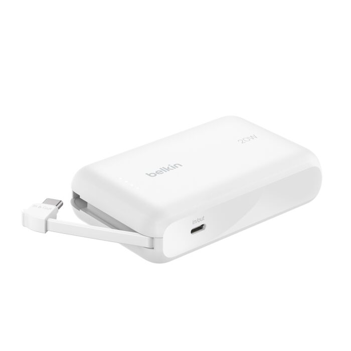 Belkin Boost Charge Power Bank 10000Mah, PD 20Watts, USB-C Integrated Cable and USB-C Port, White