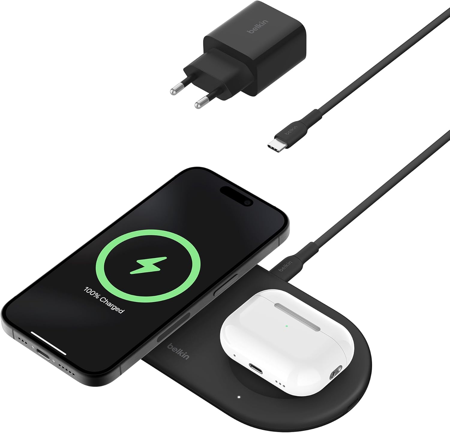 Belkin Boost Charge Pro 2-in-1 Wireless Charger with Qi2 Magnetic, 15Watts, USB-C, Black