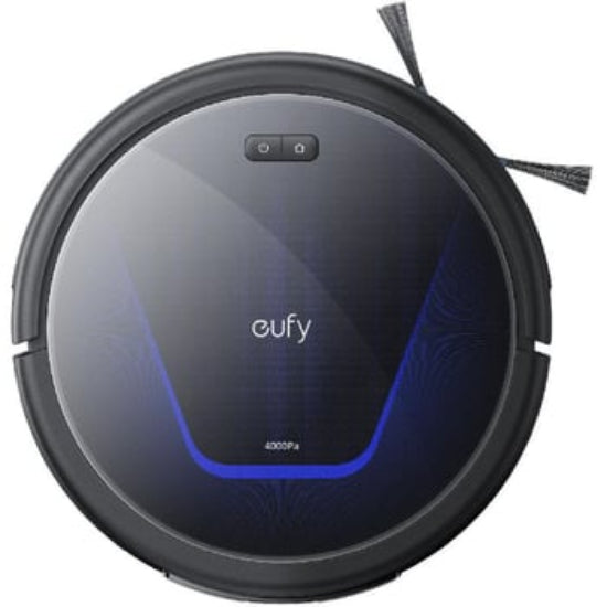 A black Anker Robot Vacuum Eufy G50 Hybrid with a prominent blue light ring around the bottom edge, displayed on a white background.