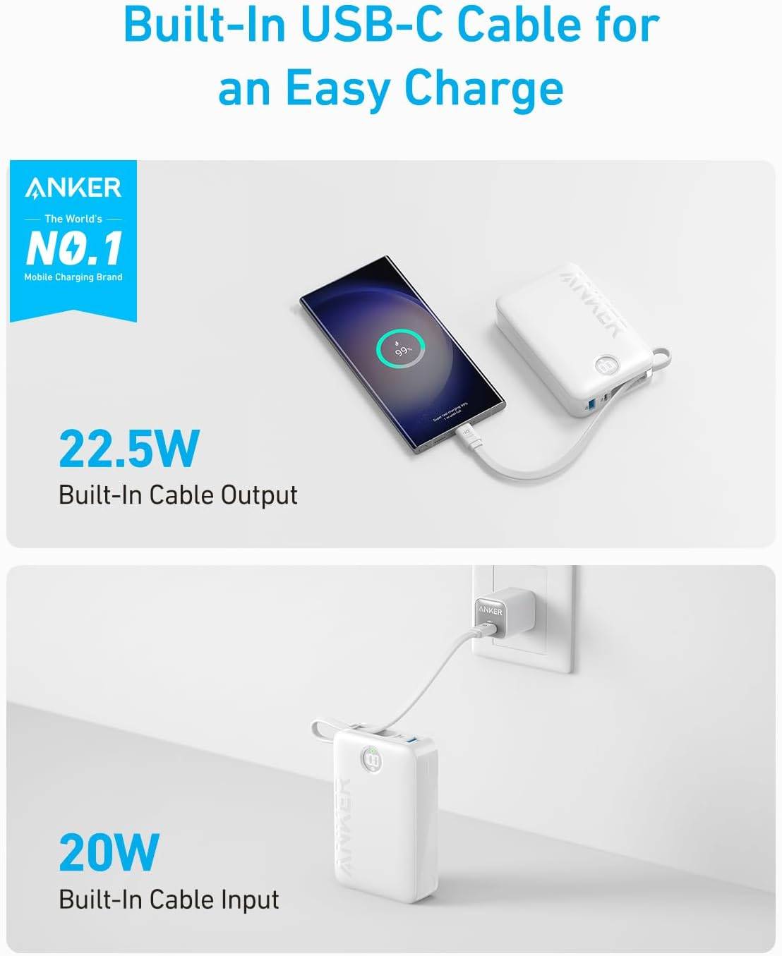 A1647H21/Anker Power Bank (20,000mAh, 22.5W, Built-In USB-C Cable) White-194644155568