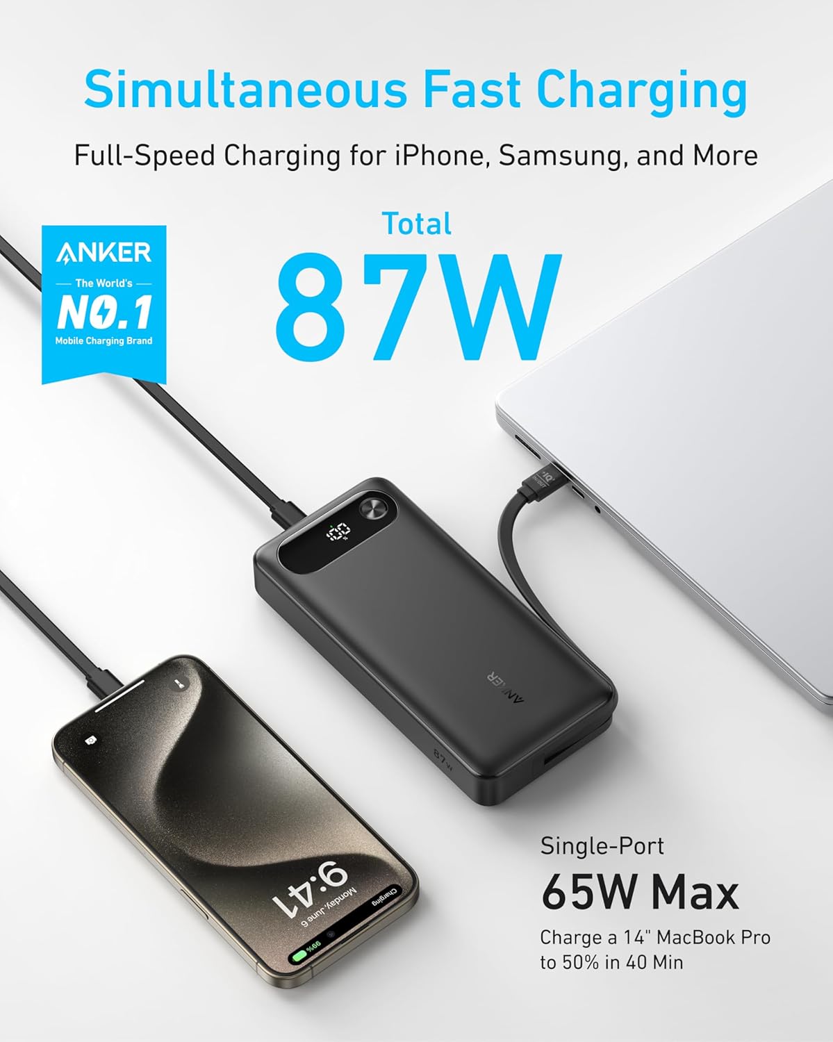 Anker Power Bank (20K 87W Built-In Usb-C Cable) Black 194644197469